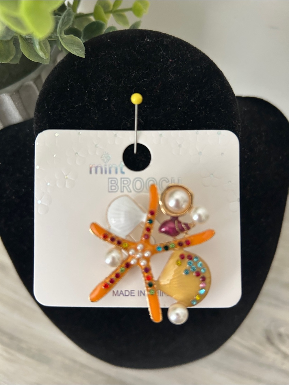 Mint Orange Starfish and Shell Kids Brooch with Multicolor Rhinestones NEW
